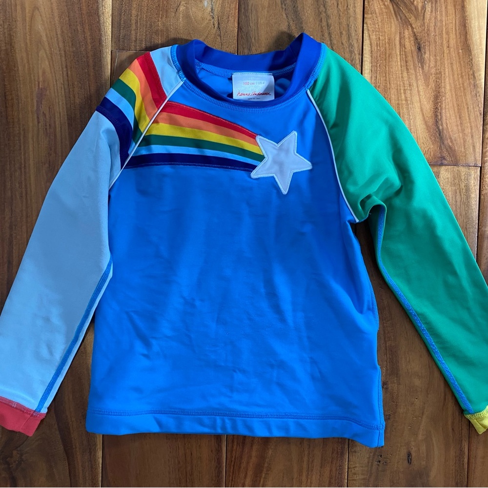 Hanna Andersson Kids Swim Rashguard Blue with Rainbow and Star Size 100 CM 4